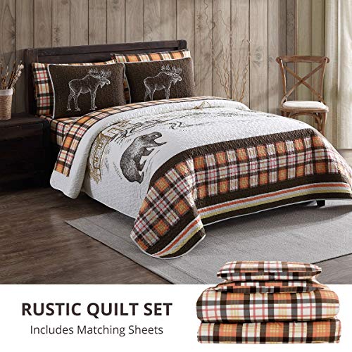Howplum 7-Piece Rustic Mountain King Oversized Quilt Bed In A Bag With Shams And Microfiber Sheet Set, Plaid Bear Moose Brown Orange #TOP3