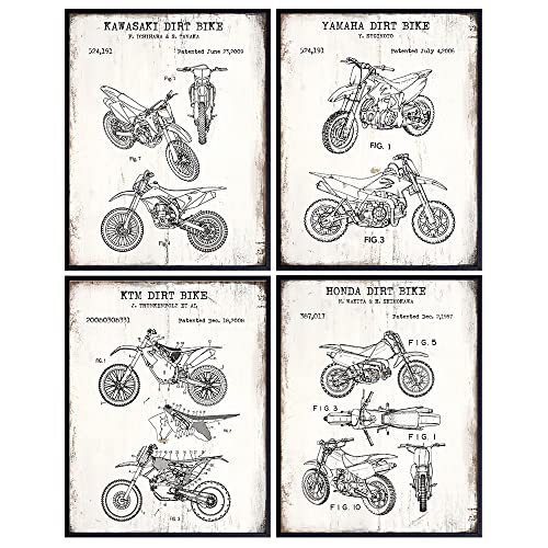 Image of Motorcycle Patent Prints - 8x10 Dirt Bike Wall Art Poster Set - Vintage Rustic Home Decor for Man Cave, Boys, Kids, Teens Room, Office, Garage, Den - Gift for Dirtbike Fans - 8x10 Photo - Unframed