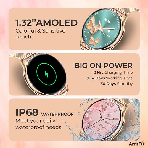 Image of ArmFit Queen Smart Watch With AMOLED Always On Display Smart Watch For Women, BT Calling Waterproof Fitness Watch With Heart Sleep Monitor For Android iOS, Gold