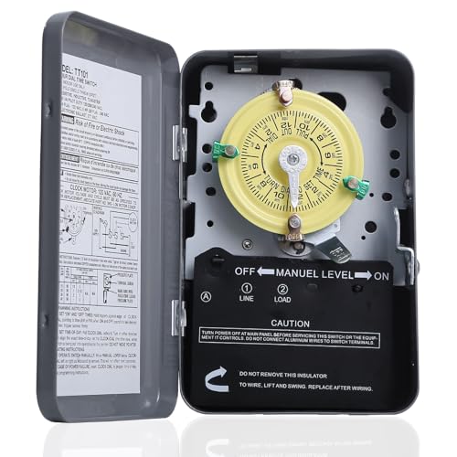 T101 Mechanical Timer Switch 24-Hour Heavy Duty 120V 40A SPST, Metal Enclosure with Manual Override & Trippers, 12 ON/Off Cycles - for Pool Pumps, Lights, Water Heaters, Fans, HVAC Systems