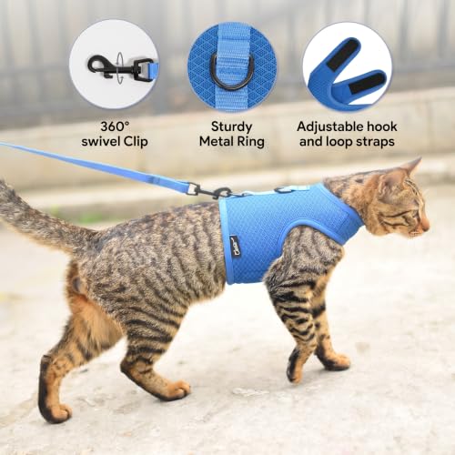 Image of Kitty Harness and Leash for Walking Escape Proof Breathable Mesh Fabric, Solid Blue, X-Small, Adjustable Cat Walking Jackets, Padded Stylish Cat Vest
