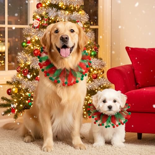 Weihnachten Halsband Hund Katze Elastische Weihnachts Hundehalsband mit Rot Grünem Design Verstellbare Haustierhalsband Kostüm Zubehör für Hund Katze Welpen Kätzchen (S)