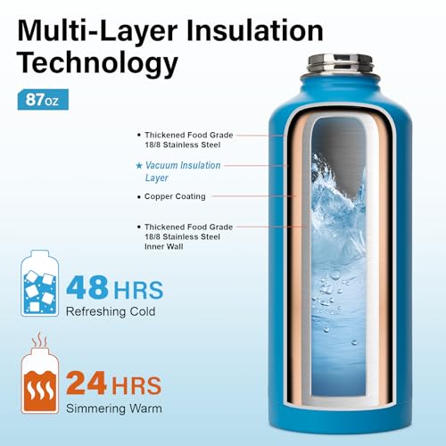 Insulated Water Bottle | Thickened Stainless Steel for Gym and Hiking with Straw, Carrier Bag, Handle Strap | BPA-Free 87 oz