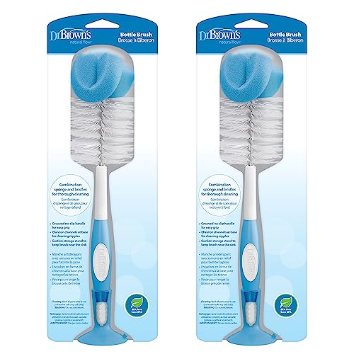 Image of Dr. Brown's Reusable Sponge Baby Bottle Cleaning Brush with Suction Cup Stand, Scrubber and Nipple Cleaner, Blue 1-Pack (Pack of 2)