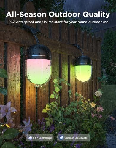 Image of Govee Outdoor Chromatic String Lights, 65.6ft RGBIC Outdoor Lights, 55 RGB LEDs per Bulb, Uni-IC Control, 111+ Scenes, IP67 Waterproof, String lights compatible with Alexa, Google, Matter, App Control