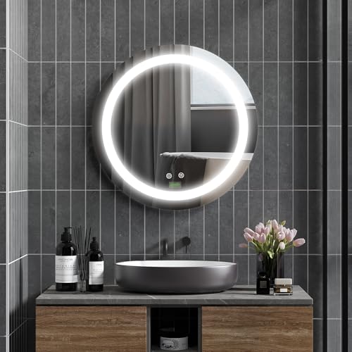 kleankin Espejo de Baño con Luz LED Ø50x4,6 cm Espejo Redondo de Pared con Interruptor Táctil 3 Luces Ajustables Función de Memoria y Antivaho Marco de Aluminio Plata