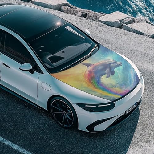 Image of Ocean Dolphin Car Hood Cover Can be Washed, Stretchable Polyester Rainbow Underwater Dolphin Car Bonnet All-Season Protection, Ocean Creature Auto Decor Protector