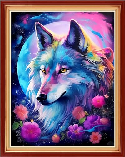 Image of Dimensean Stamped Cross Stitch Kits Full Range of Embroidery Patterns Starter Kits for Beginners Adult DIY Cross Stitches Needlepoint Kits 11CT-Moon Wolf 16x20 inch