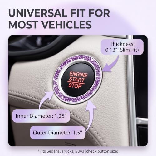 Hoiricn 2PCS Bling Car Engine Start Button Cover, Crystal Rhinestone Push Ignition Ring Decal, Auto Double Diamond Start Emblem Sticker, Universal Car Interior Accessories for Women & Girl (Purple) - 4