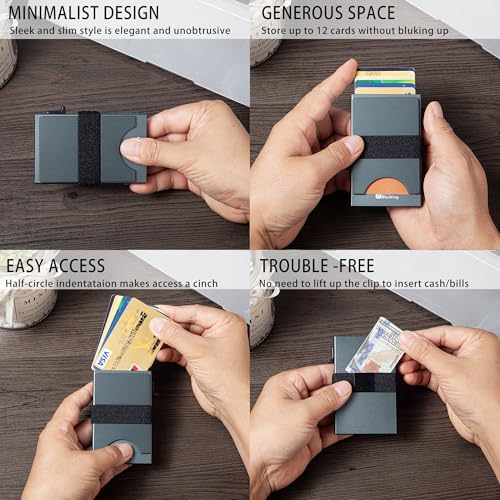 Image of Card Holder Wallets for Men | Slim Aluminum Wallet | RFID Blocking Minimalist Metal Pop Up Wallet | Money Clip & Cash Band | Expandable Compact Plate | Men's Accessories & Gifts for Men,Grey
