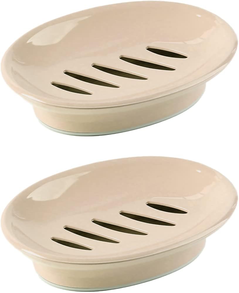 WYOK 2-Pack Soap Dish with Drain Plastic Sponge Holder Easy Cleaning Soap Saver Tray Caddy Keep Dry Stop Mushy for Shower Bathroom Kitchen(Khaki) - Amazon product rated Grade A