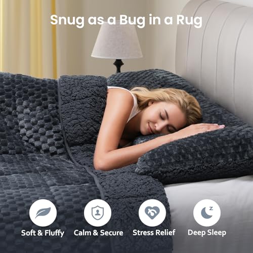 Image of Drewin Weighted Blanket Queen Size 20lbs, Soft Cozy Jacquard Sherpa Weighted Blanket for Adults, 60 x 80 inches Bed Blanket for Sleeping, Cozy Fluffy Knitted Heavy Blanket, Grey Blue