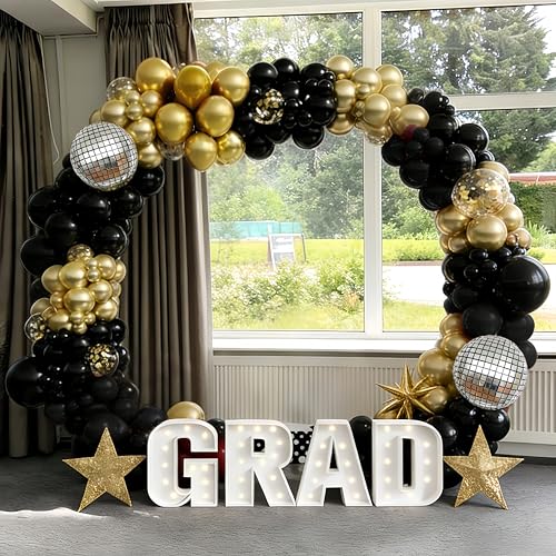 Image of Black and Gold Balloons Garland Arch Kit, 18 12 10 5 Inch Black Metallic Gold Balloon Arch Kit, Champagne Gold with 4D Disco Balloon for Graduation Birthday Retirement New Year Father's Day