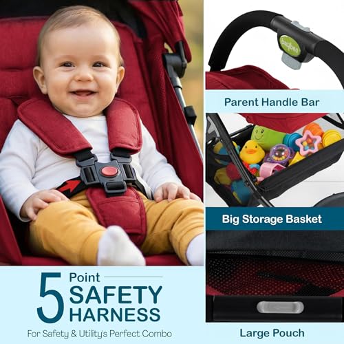 Image of Baybee Foldable Baby Stroller Pram for Baby Boy Girl 0 to 3 Years with Metal Frame, 3-Position Adjustable Seat & Canopy, Bassinet, Parent Handle, 5 Point Safety Belt, Stroller for Kids Toddler (Red)