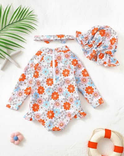 Image of SODLON Baby Girl Swimsuit Long Sleeve One-Piece Infant Bathing Suit 3M-3T