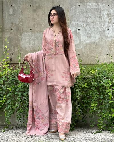 Image of JIYA'S Collection Women's Pure Faux Georgette Kurta Palazzo Set with Dupatta | Digital Print Full Sleeve Kurti with Farshi Pant