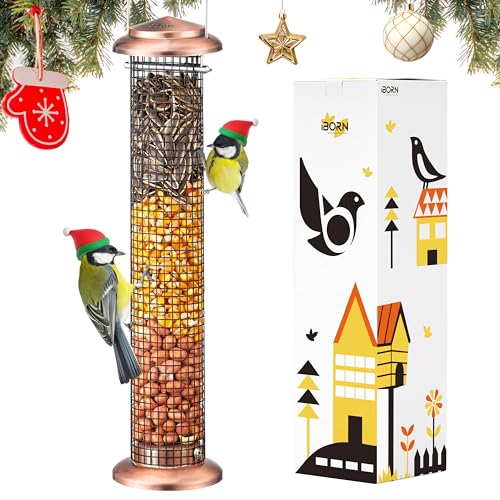 iBorn Metal Peanut Bird Feeders for Outdoors - 14' Peanut & Sunflower Seed Feeder, Hanging Metal Mesh Mixed Seed Bird Feeder with Easy-Clean Design for Woodpeckers, Jays, Titmice,Copper