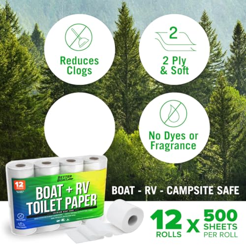 Image of RV Toilet Paper 12 Rolls (500 Sheets Each), Rapid Dissolving 2-Ply | Septic Safe for Camper and Marine, Individually Wrapped Camping Tissue, Better Boat