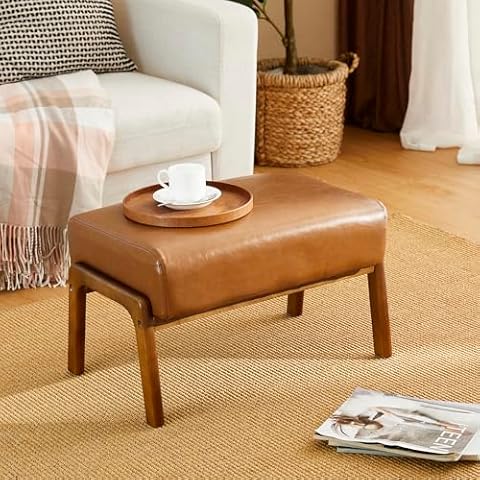 Glitzhome 15.5"(H) Footrest Stool, Leatherette Ottoman, Accent Padded Sofa Foot Stool for Accent Chair, Wood Frame Foot Rest Ottoman for Living Room, Bedroom, Yellowish-Brown Cover