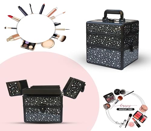 Image of Adson Professional Makeup Box Cosmetics Case Jewelry Organiser Vanity Make Up Storage Box Beauty Train Case Lockable with Keys (Black & Rose Gold)