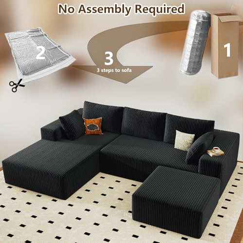 Image of 96 inch U-Shape Cloud Couch, Modern Modular Sectional L-Shape Sofa with Ottoman, Corduroy Upholstered Couches Deep Seat Sleeper Chaise Longue for Living Room, No Assembly Required(Black, Left Facing)