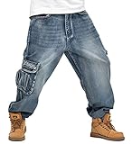 QIBOE Men's Hip Hop Light Denim Cargo Long Vintage Jeans-36