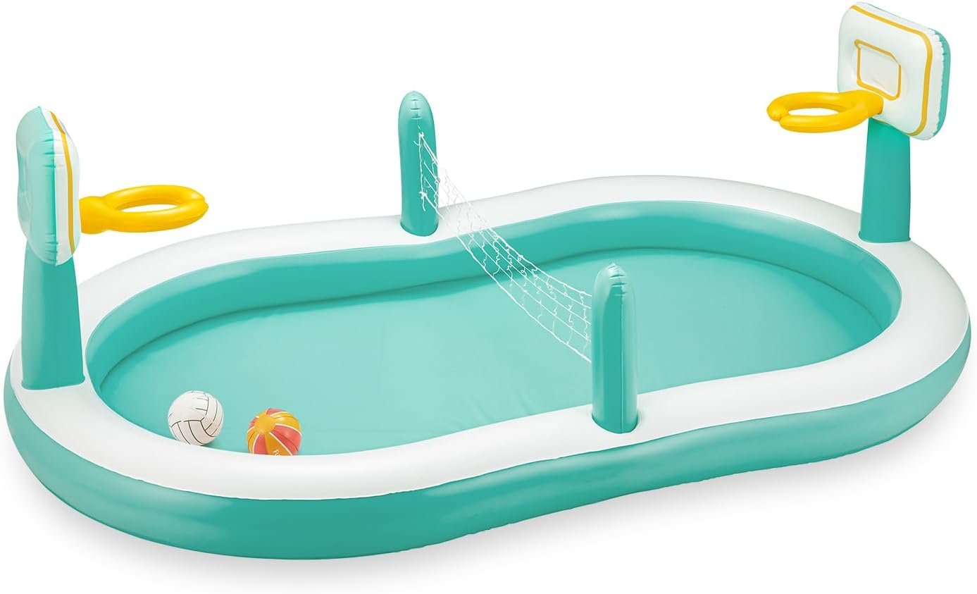 Fully inflated Funsicle Sports Arena Pool with basketball hoops and volleyball net