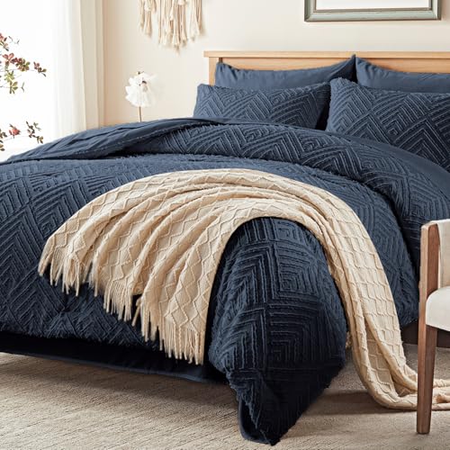 Image of Zzlpp Queen Comforter Set 7 Pieces, Navy Blue Tufted Bed in a Bag with Comforter and Sheets,All Season Boho Bedding Sets with Comforter, 2 Pillow Shams, 2 Pillowcases, 1 Flat Sheet, 1 Fitted Sheet