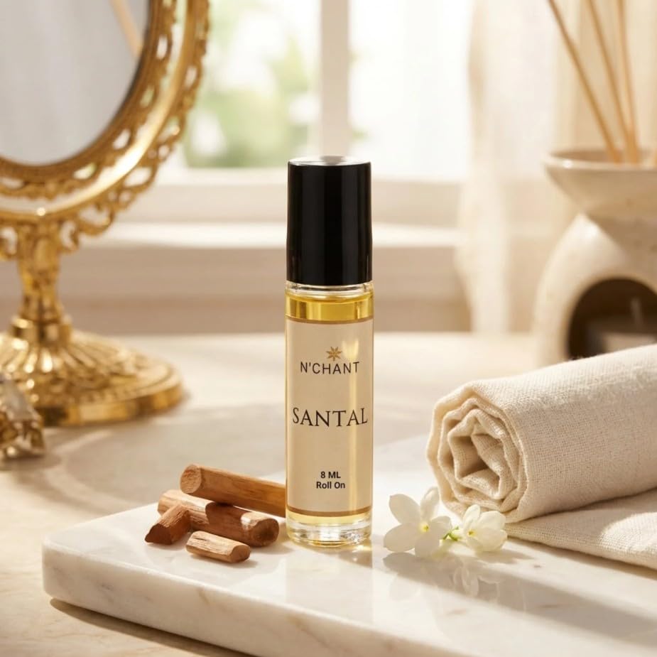 NChant Santal Sandalwood Roll On Perfume Oil 8ml Non Alcoholic Chandan Attar Long Lasting Woody Fragrance Alcohol Free Skin Friendly Travel Size Unisex Perfume for Men and Women-image-49