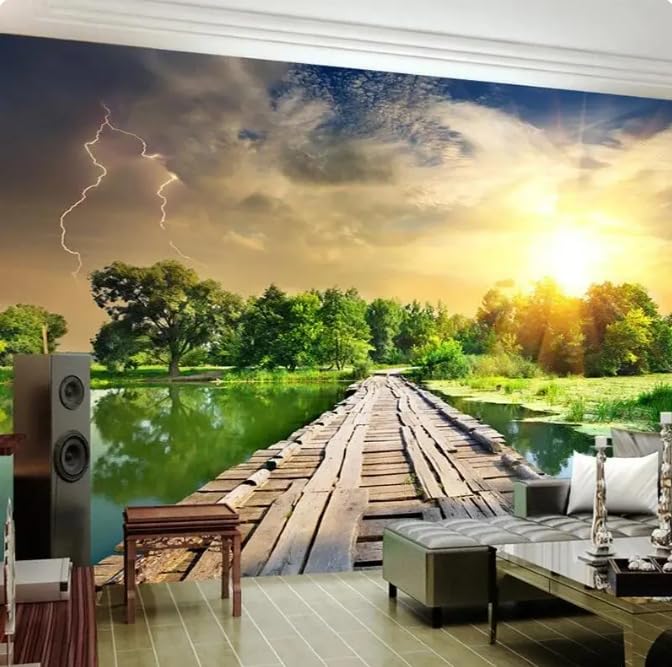 Papier peint mural 3D avec pont en bois et rivière décor de coucher de soleil 350x245cm