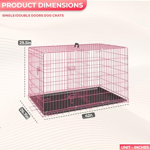 FDW Dog Crate for Large Dogs 42 Inch Folding Metal WirePet Cage Double Door W/Divider Panel Indoor Outdoor Kennel Leak-Proof Plastic Tray,Pink by FDW - Used condition - Image 7