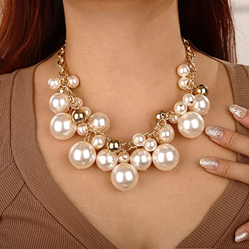 Wiwpar Women Statement Gold Short Chain Pendant Pearl Necklaces Chunky Faux Pearl Cluster Collar Bib Choker Necklace and Earrings Set for Women Gift3