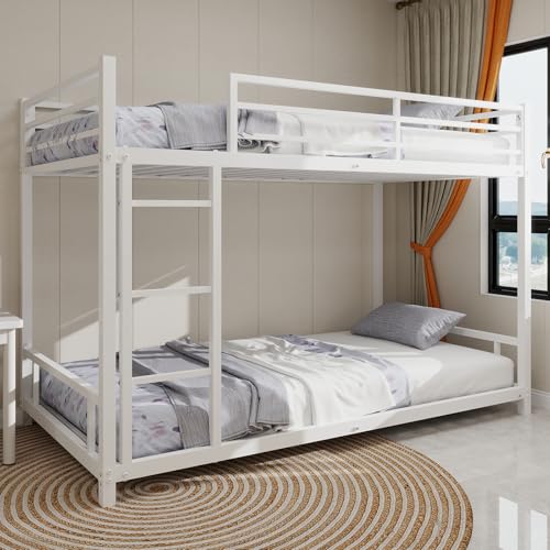 Arhatreya Litera de 90 x 190 cm, cuna con barandilla de seguridad, litera con escalera, litera de metal, cama para niños, dormitorio (sin colchón), color blanco