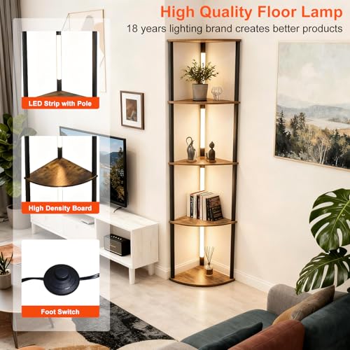 Image of Lightdot Corner Floor Lamps with Shelves, 64Inch 5-Tier Storage Shelf Lamp with Integrated LED Posts /Amber Shelf /Black Frame, Black Display Floor Lamp for Living Room Bedroom /Sofa Beside /Corner Decor