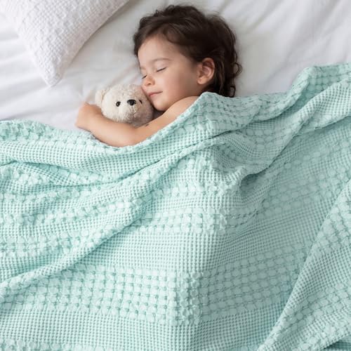Image of PHF 100% Cotton Waffle Blanket King Size for Bed, Lightweight Breathable and Soft for Summer, Luxury Aesthetic Waffle Weave Blanket for Home Decor & Gifts for Women, 108 inchx90 inch, Mint