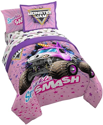 Image of Monster Jam Twin Comforter Set 5 Piece Kids Bedding for Girls, Pink | Sparkle Smash, Bed in a Bag, Comforter Sheets Sham Pillowcase, Soft Microfiber, Machine Washable, Girls Gift