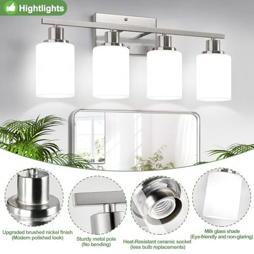 Image of Indoi 4-Light Bathroom Light Fixtures, Brushed Nickel Modern Vanity Lights with Milky White Shades, Bathroom Wall Lamp for Mirror Living Room Cabinet Bedroom Porch