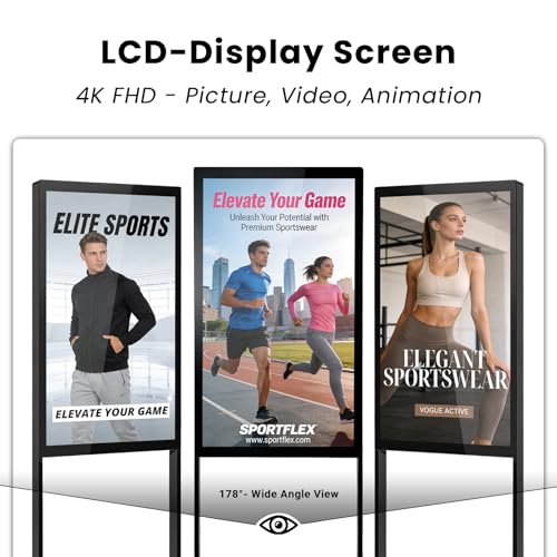 Image of 43 inch Digital Signage Display Kiosk Indoor Floor Standing Advertising Black | 4K Android 14 4 + 32 Storage, USB WiFi HDMI Bluetooth Input, Smart Split Screen, Free CMS, 700 Nits, Life over 50,000 hours