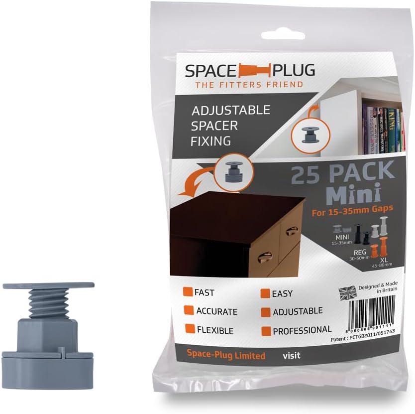 Adjustable Spacer Fixings (Mini Size for 15-35mm Gaps), 25 Pack of Grey Spacers, Professional & DIY use for Kitchen, Bedroom, Bathroom & Furniture installations