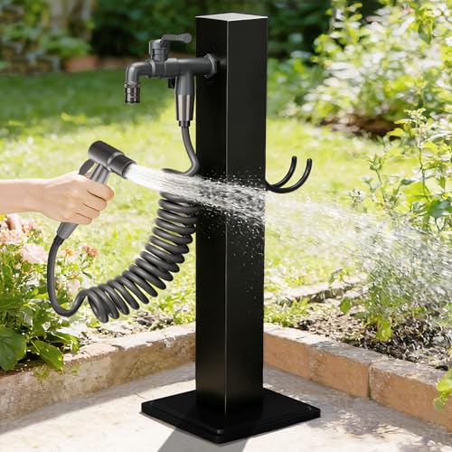 T-ZBDZ Wassersäule Garten 2 Anschlüsse mit Wasserhahn & Spritzpistole Wasserzapfsäule Wasserzapfstelle Edelstahl Gartenwassersäulen für Draußen Wassersäule für Bewässerung Waschen Schwarz (95CM)