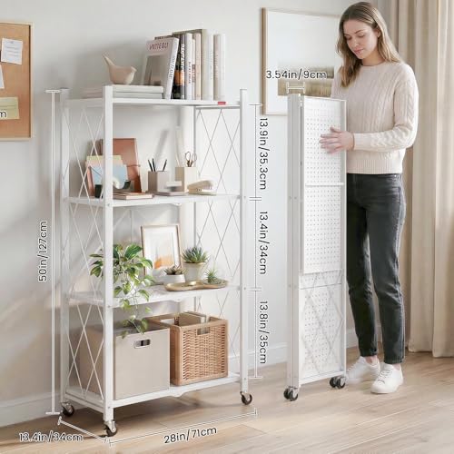 Image of DEANIC 4 Tier Foldable Storage Shelves with Wheels, Large Capacity Shelving Unit, Freestanding Metal Wire Shelf Rack, No Assembly Organizer Rack for Garage Kitchen, Basement, Pantry(White)