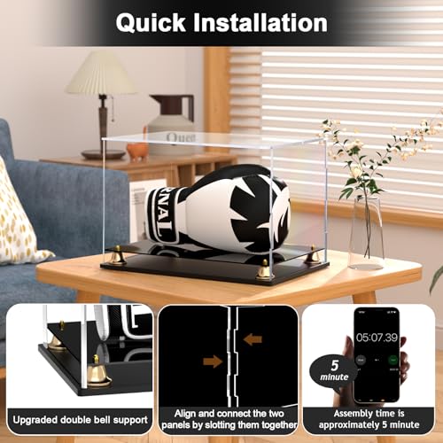 Image of Boxing Glove Display Case, Clear Acrylic Display Box, Self-Assembly Full Size Baseball Glove Holder Showcase, Football Mitt Ball Display Case with Metal Bell Base (14.4x9.3x9.4 inch)