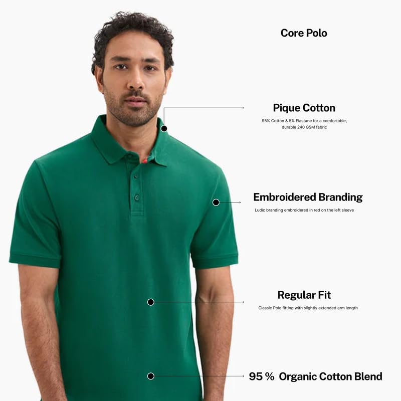 Image of LUDIC Core Polo T-Shirt, Dailymove Collection | Regular Fit | Stand-up Collars | 100% Organic Cotton, 240 GSM | Lightweight & Comfortable |Everyday Essential | Polo T-Shirt for Men