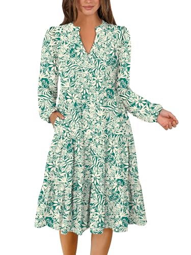 ANRABESS Long Sleeve Midi Dresses for Women V Neck 2025 Fall Fashion Casual Loose Fit Flowy Swing Tiered Vacation Boho Dress Floral Green Medium
