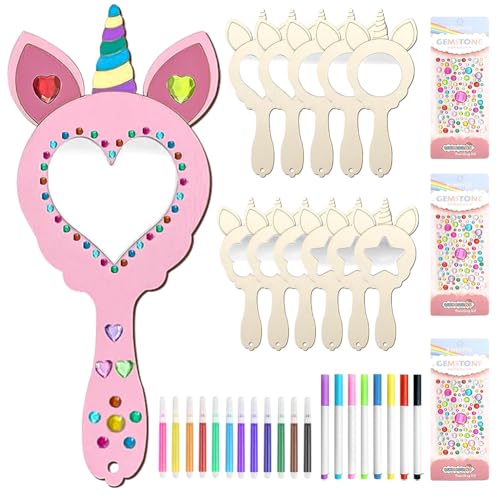 Ainiv 12 Stück Einhorn Bastelset, Holzspiegel zum Bemalen für DIY Kinder Malen, Mini Holz Prinzessin Spiege, Holz Basteln Kinder Creative Painted Mirrors für Mädchen Bastelset Mitgebsel Geschenk Party