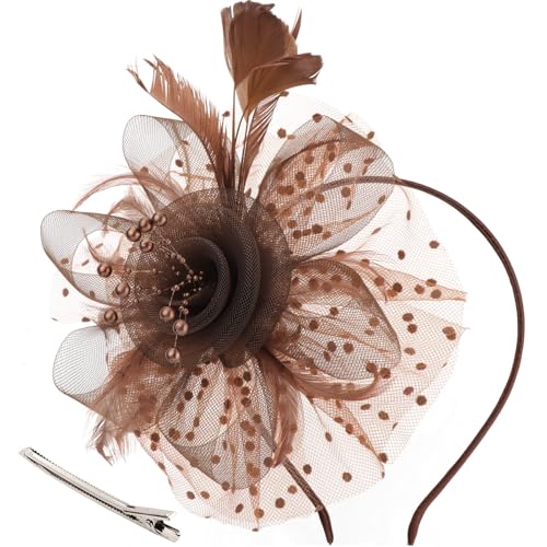 Image of DRESHOW Fascinators Hat Flower Mesh Ribbons Feathers on a Headband and a Clip Tea Party Headwear for Girls and Women