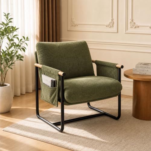 Modern Accent Chair, Plush Boucle Fabric Armchair with Soft Cushion, Cozy Reading Chair for Living Room, Bedroom, Home Office, Dark Green (Set of 1)
