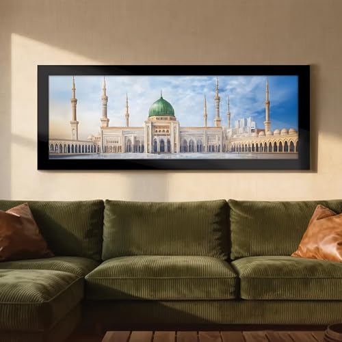 Image of PAINTINGMANTRA Masjid E Nabawi Islamic Arabic Wall Art Framed Luxury Paintings for Home Decoration, Living room, Bedroom and Office Decoration (99x38 CM)