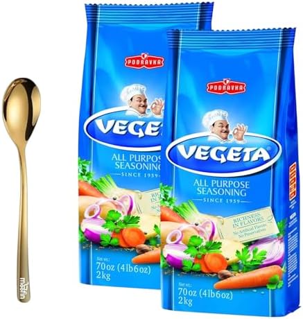 Vegeta Podravka Original All Purpose Seasoning, 70 oz - with Moofin Golden SS Spoon, Infusing Fine Aroma & Original Taste, Versatile Blend, Ideal for Enhancing Meat, Fish, Soups, Sauces, Mix of Fines