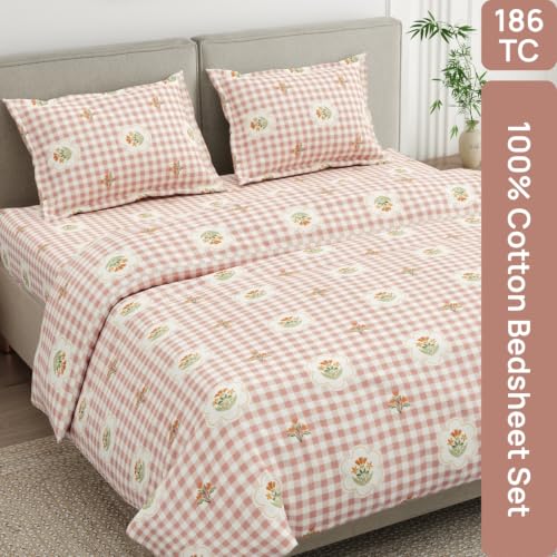 Image of Haus & Kinder Double Bed Bedsheet for Queen Size Bed, Queen Size Bed Sheet with 2 Pillow Covers 90 Inch x 100 Inch | Premium Soft & Silky Pure Cotton 186 TC Double Bedsheet | Floral Gingam